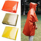 Orange one-piece rain poncho with hood, worn over light pants