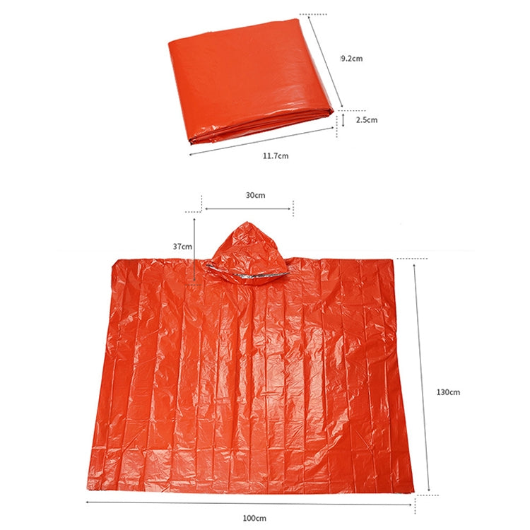 Orange long rain poncho with hood, shown laid out flat with measurements
