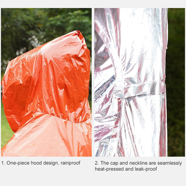 Orange one-piece hooded rain poncho with sealed, taped seams