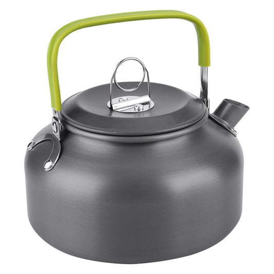 Portable camping kettle, dark-gray aluminum body with lime-green handle and metal lid