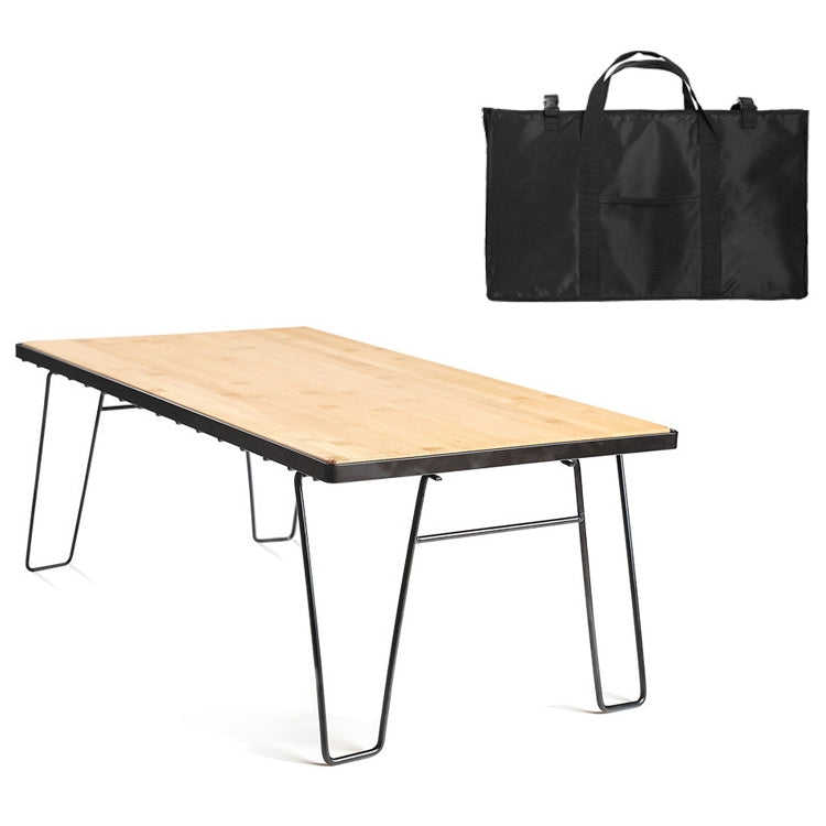 Folding bamboo outdoor desk with black mesh rack and storage bag