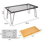 Foldable bamboo desk with black mesh rack top, shown with size measurements