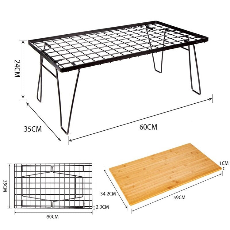 Foldable bamboo desk with black mesh rack top, shown with size measurements