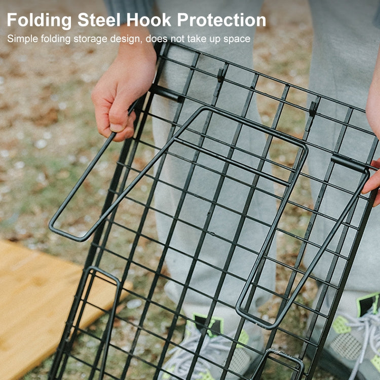 Black mesh rack with folded steel hook protection on a bamboo table