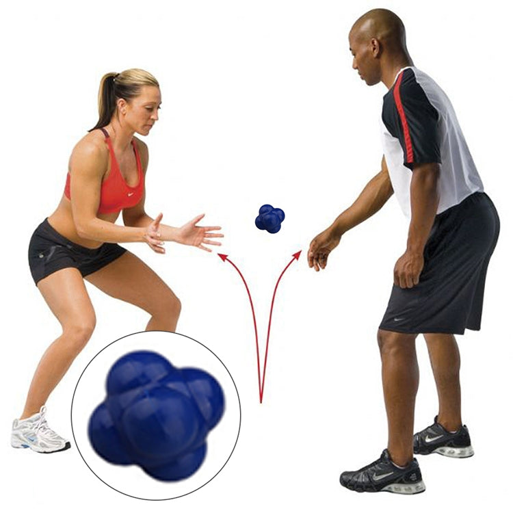 Blue hexagonal reaction training ball for quickness and agility drills, shown in circle detail