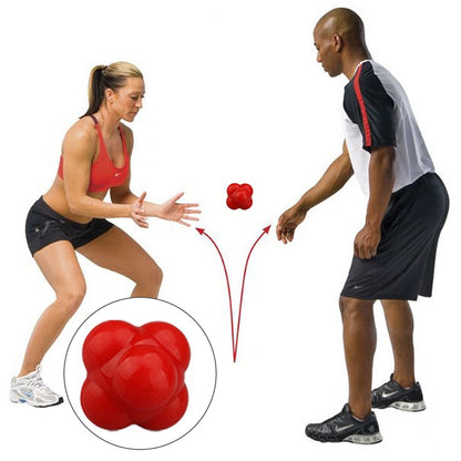 Red hexagonal reaction training ball for hand-eye coordination drills, shown in circle detail