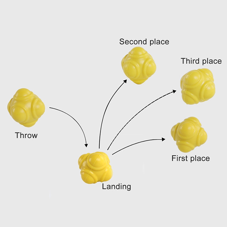 Yellow hexagonal reaction training ball in a throw-and-landing placement diagram