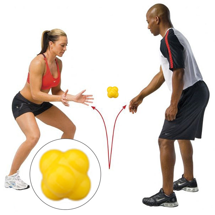 Yellow hexagonal reaction training ball for quickness and agility drills, shown in circle detail