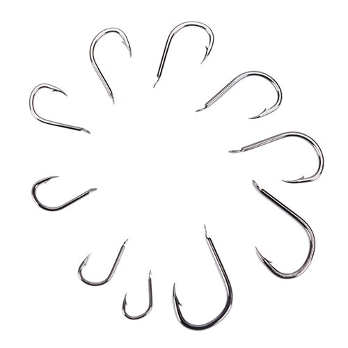 Assorted barbed fish hooks with curved shanks and sharp points