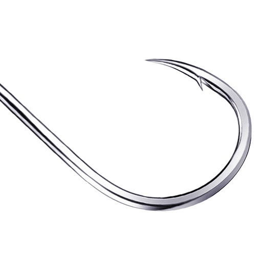 Single curved barbed fish hook with sharp point