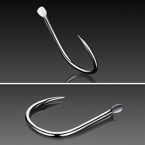 Pair of shiny barbed fishing hooks shown in different angles