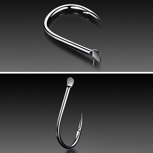 Curved barbed fishing hooks with pointed tips shown on dark background