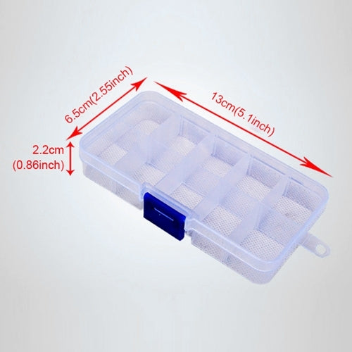Clear tackle box for fishing hooks with blue latch and size markings