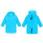 Children's dinosaur raincoat, blue; front and back views with hood and fin-like details
