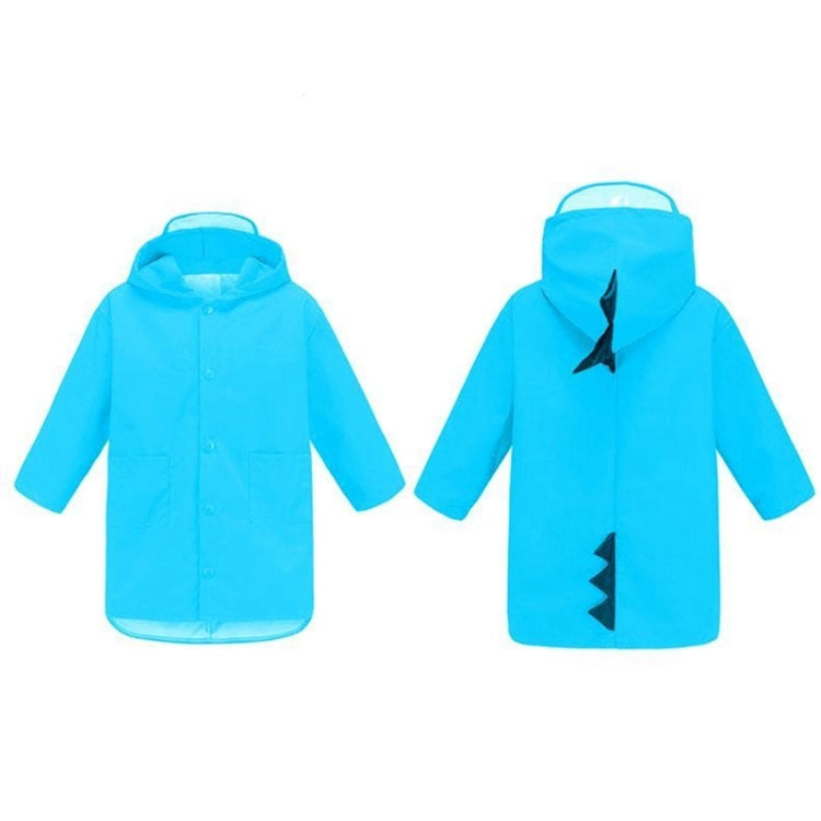 Children's dinosaur raincoat, blue; front and back views with hood and fin-like details