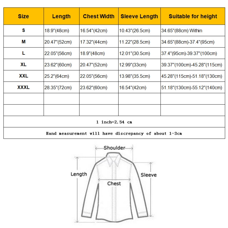 Dinosaur raincoat size chart with length, chest width, sleeve length, and height range