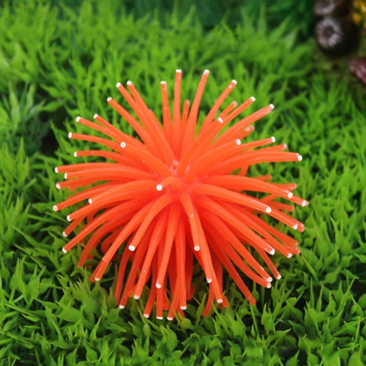 Orange TPR sea urchin ball aquarium decoration with short spiky tentacles