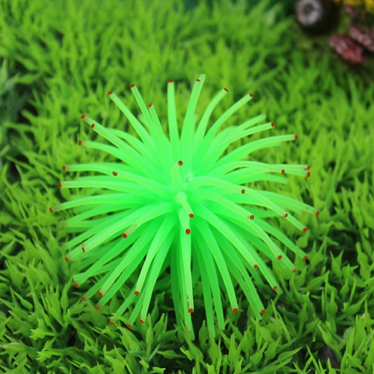 Green TPR sea urchin ball aquarium decoration with thin spiky tentacles