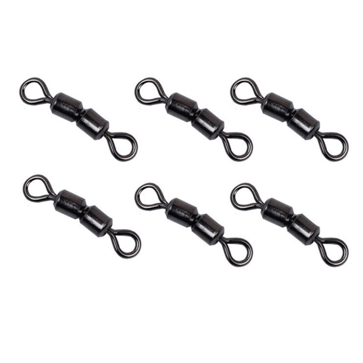 Black dual-ring fishing swivel connectors with snap eyelets (close-up)