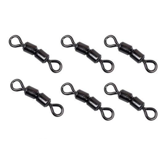 Black dual-ring fishing swivel connectors with snap eyelets (close-up)