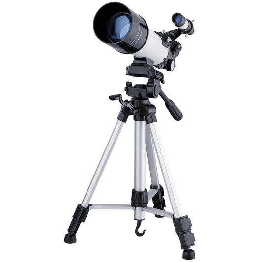White astronomical telescope with tripod and mounted finder scope