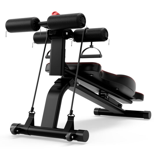 Black abdominal curl exercise bench with adjustable padded platform and roller bar supports