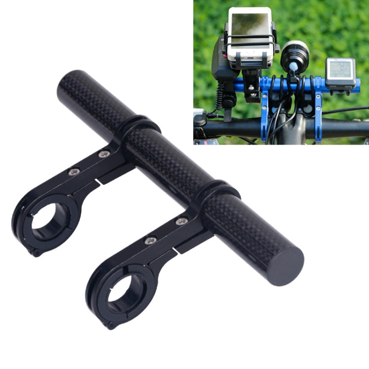 Black carbon fiber handlebar extension bracket with dual clamp rings for accessories