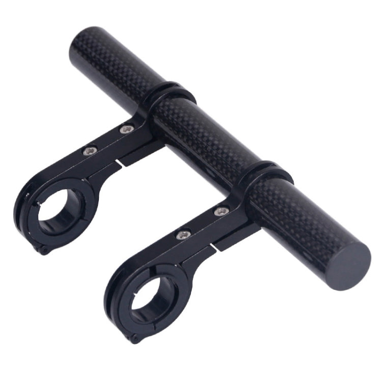 Black carbon fiber handlebar extension bracket with two circular accessory clamps