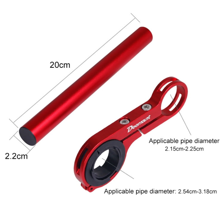 Red carbon fiber handlebar extension bracket with circular flashlight clamp arm