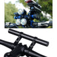 Black carbon fiber handlebar extension bracket mounted on handlebars with front lights
