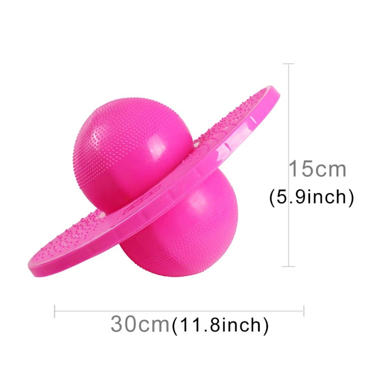 Pink textured inflatable balance jumping ball and pedestal, shown with size outline