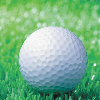 White rubber driving range golf ball with dimpled surface, close-up on grass
