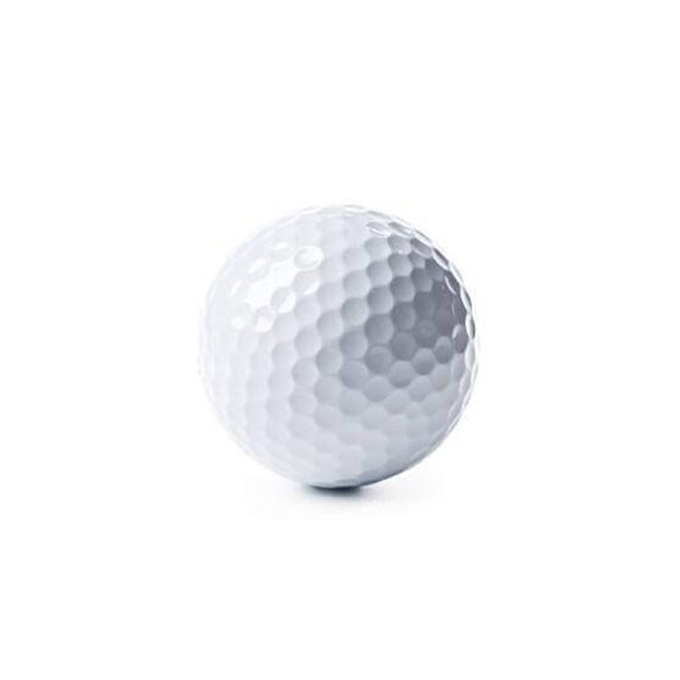 White rubber golf ball with hex-style dimples, isolated on a light background