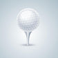 White rubber golf ball with dimple pattern on a white tee