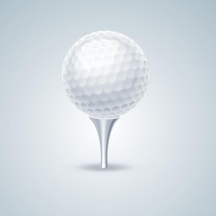 White rubber golf ball with dimple pattern on a white tee