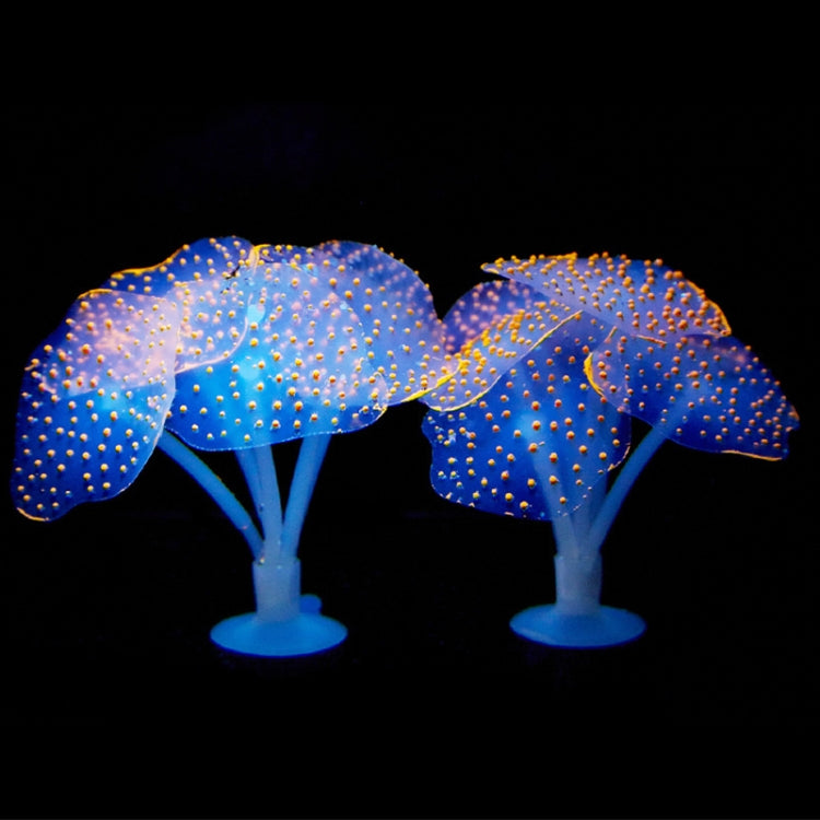 Two blue fluorescent jellyfish decorations with orange dotted surface and stand bases