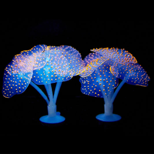 Blue fluorescent jellyfish aquarium decoration with orange speckled glow and suction base