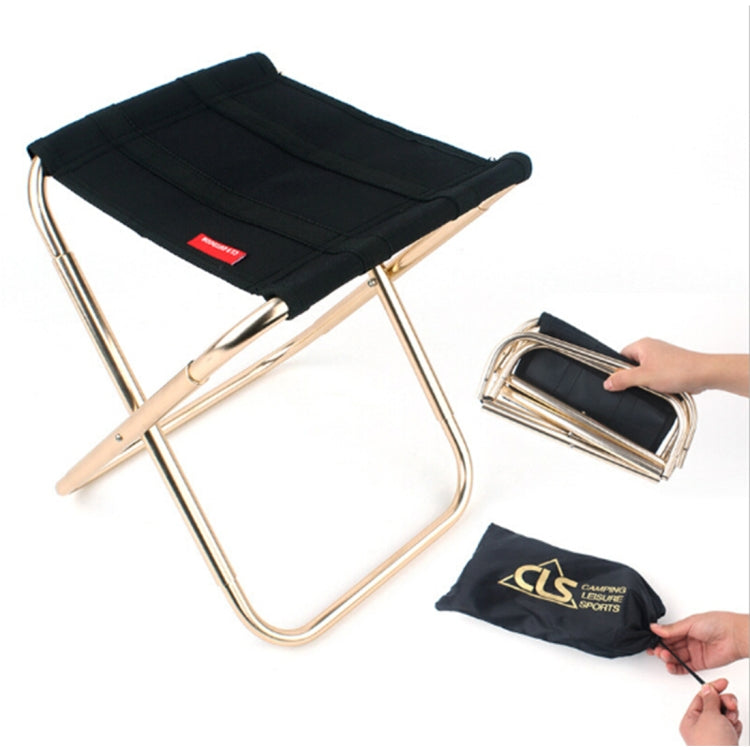 Black folding camping stool with aluminum frame and padded seat, portable design