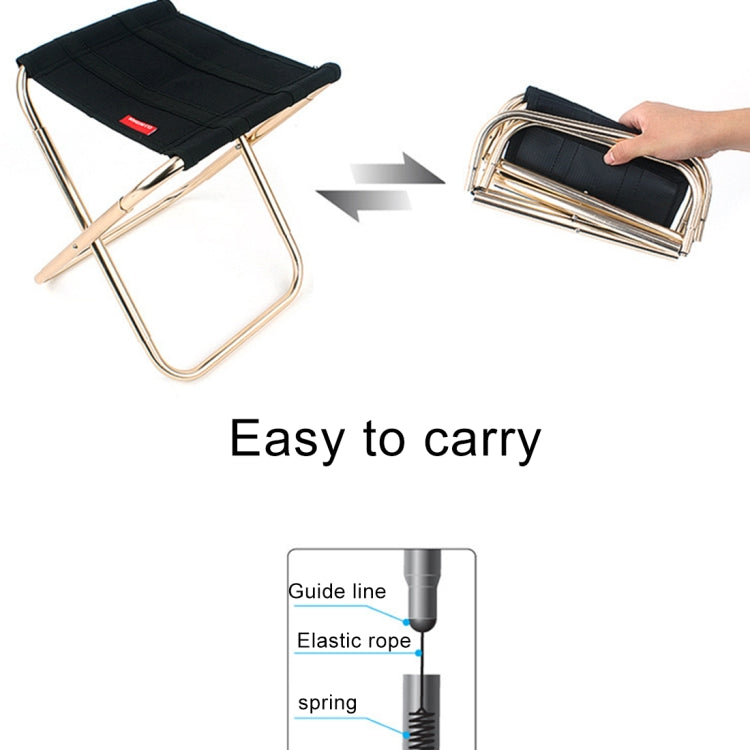 Black folding stool with aluminum frame, shown being folded into compact shape