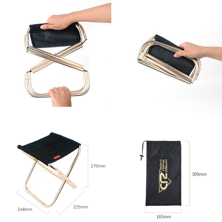 Black padded folding stool with aluminum frame, being folded by hands