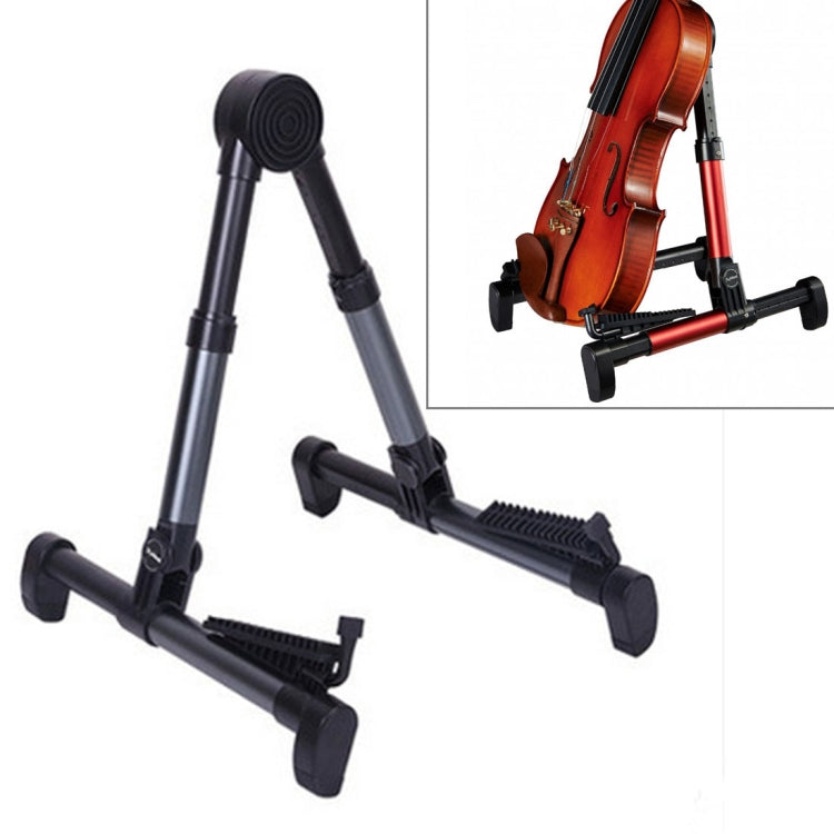 Folding vertical instrument stand holding violin, black frame with red support bars