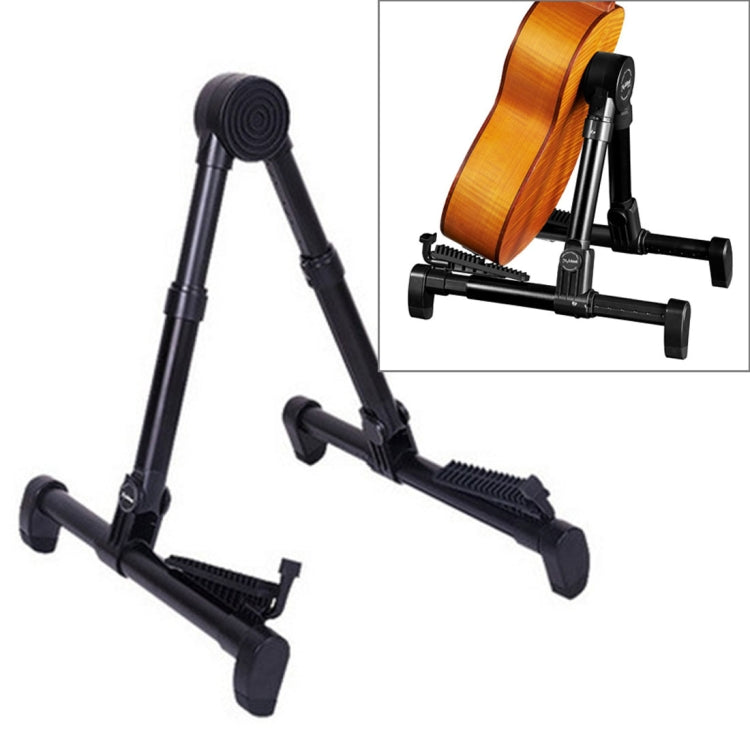Folding vertical instrument stand holding acoustic violin, black cradle with orange instrument