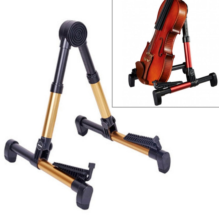 Folding vertical instrument stand with two padded cradles, black and gold metal legs