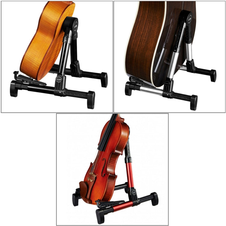 Folding vertical instrument stand with cradle for violin, black frame with red accents