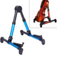 Folding vertical instrument stand with two padded supports, blue legs and black base
