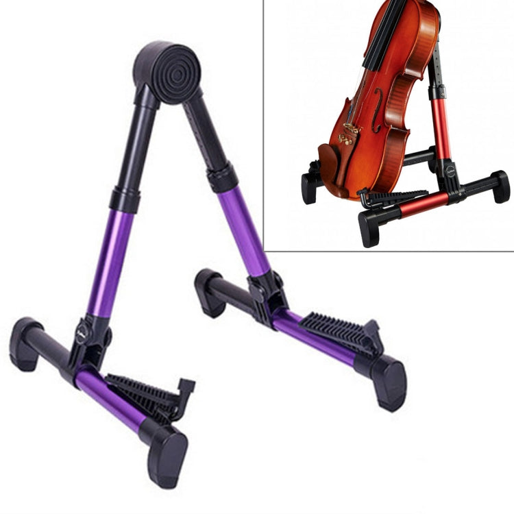 Folding vertical instrument stand with two padded supports, purple legs and black base