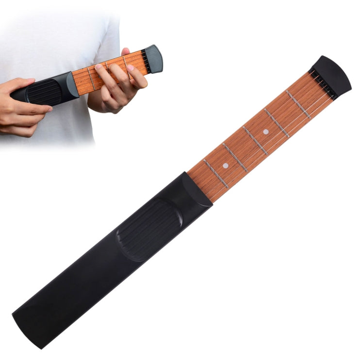 Mini guitar chord trainer with black body and wood-tone fretboard insert, angled