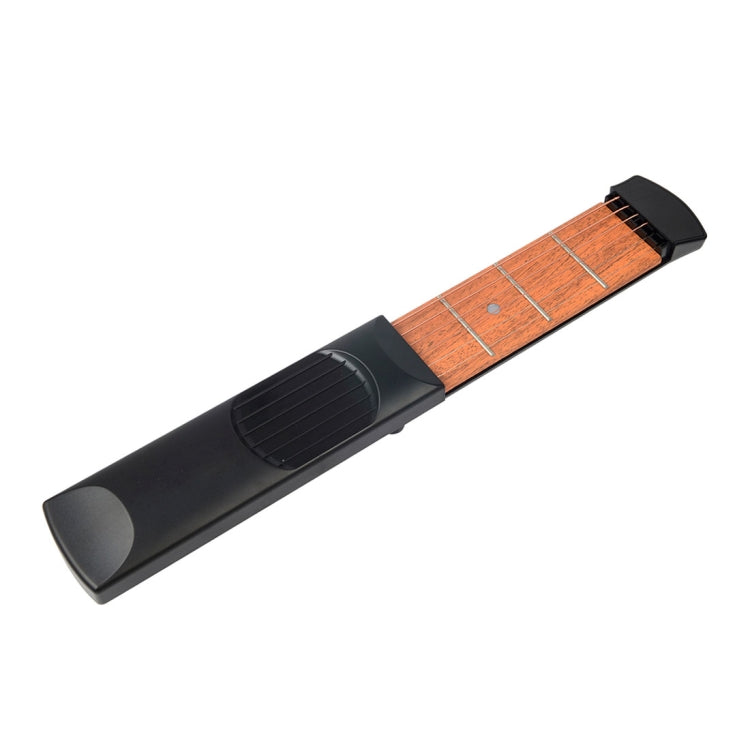 Mini guitar chord trainer with wood-tone fret strip and black protective case
