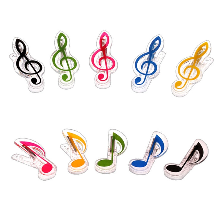Set of 10 music note shaped spring page clips in mixed colors, clear plastic frames