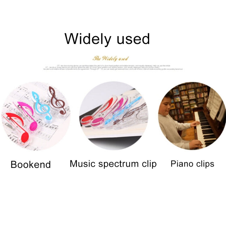 Music note shaped spring clips holding books and sheet pages, clear plastic with colored notes